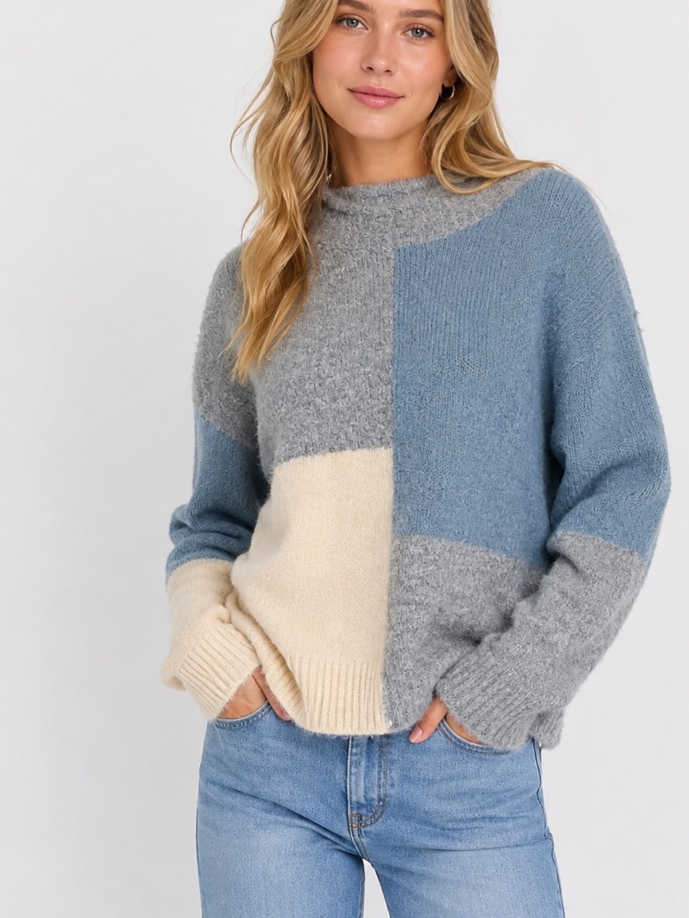 Very J Color Block Fuzzy Oversized Sweater Blue Gray Cream Mock Neck Small
